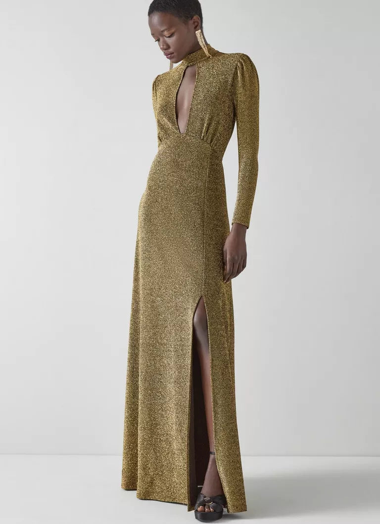 L.K. Bennett Wilma Gold Metallic Slit-Front Maxi Dress