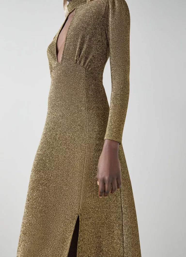LK Bennett Wilma Gold Metallic Slit-Front Maxi Dress