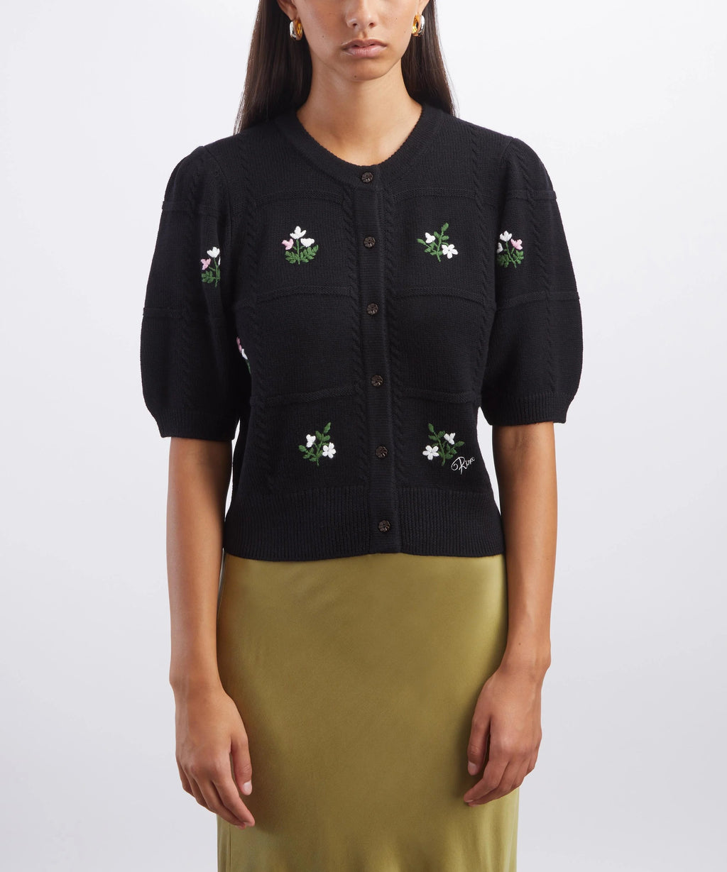 Minta Black Summer Bud Embroidery Cardigan RIXO