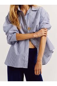Kappa Shirt in Cotton Poplin Navy Stripe Suzie Kondi