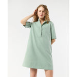 Elbow - Sleeve Frill Dress Green/White Small Bengal Stripe Stretch Seersucker - Primm'sElbow - Sleeve Frill Dress Green/White Small Bengal Stripe Stretch SeersuckerMashburn