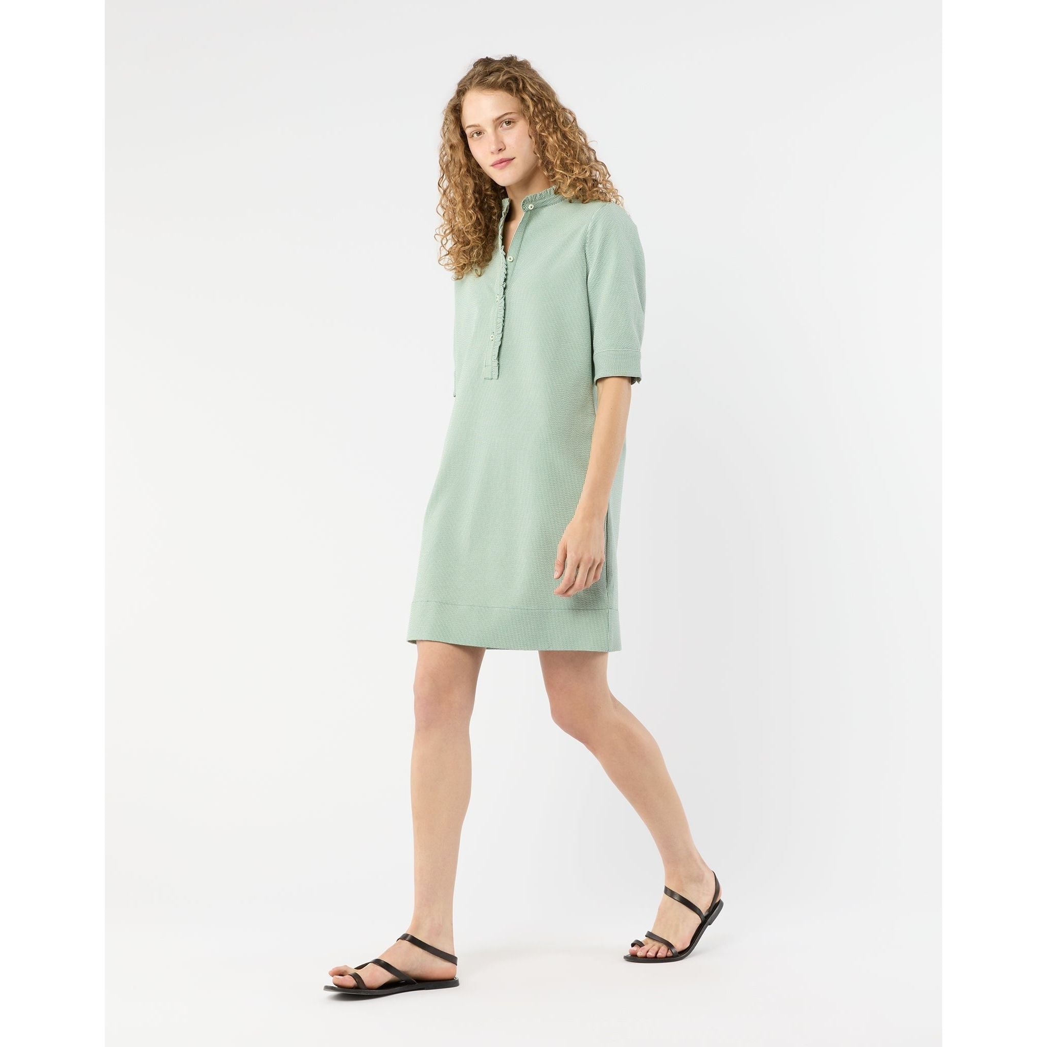 Elbow - Sleeve Frill Dress Green/White Small Bengal Stripe Stretch Seersucker - Primm'sElbow - Sleeve Frill Dress Green/White Small Bengal Stripe Stretch SeersuckerMashburn