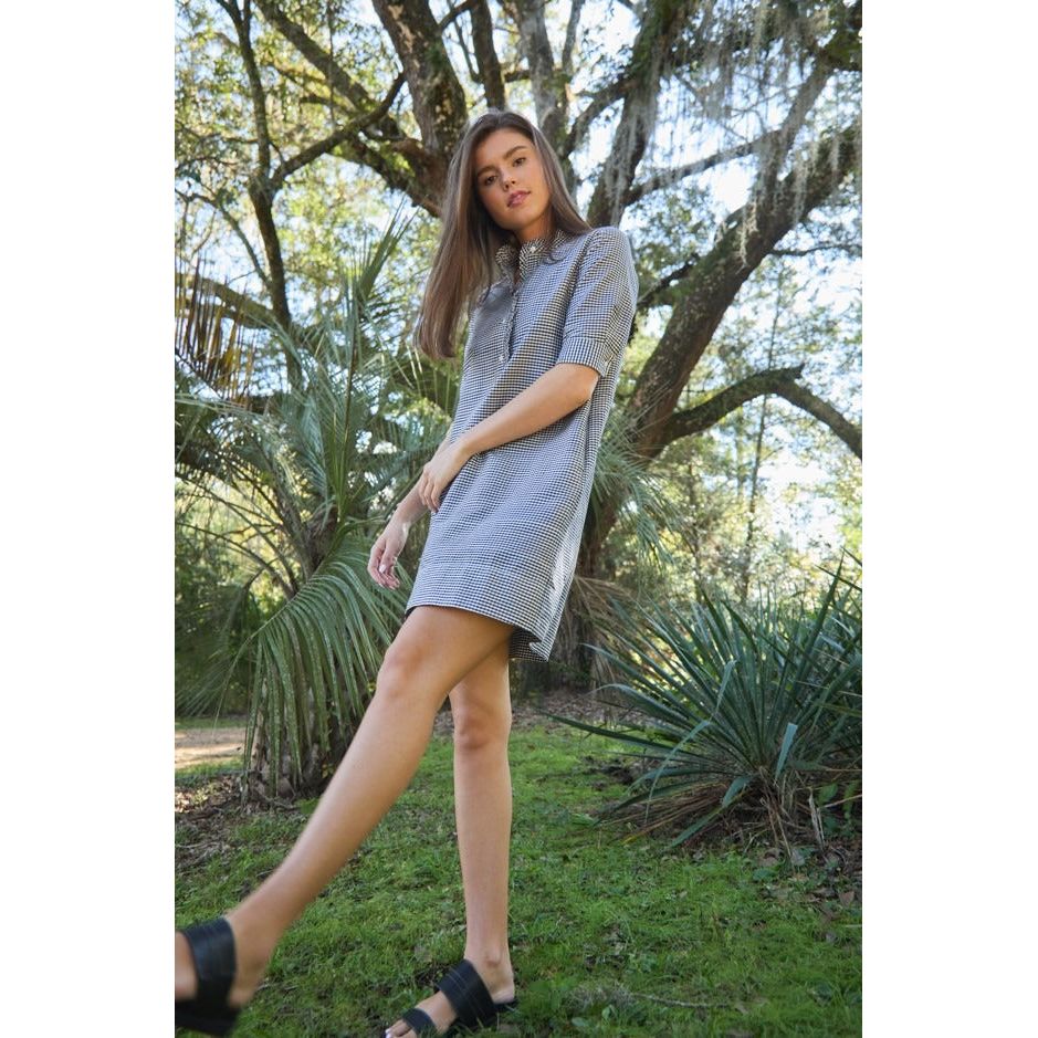 Elbow Sleeve Frill Dress Navy/Ivory Small Gingham Silk Shantung - Primm'sElbow Sleeve Frill Dress Navy/Ivory Small Gingham Silk ShantungMashburn