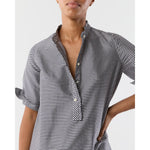 Elbow Sleeve Frill Dress Navy/Ivory Small Gingham Silk Shantung - Primm'sElbow Sleeve Frill Dress Navy/Ivory Small Gingham Silk ShantungMashburn