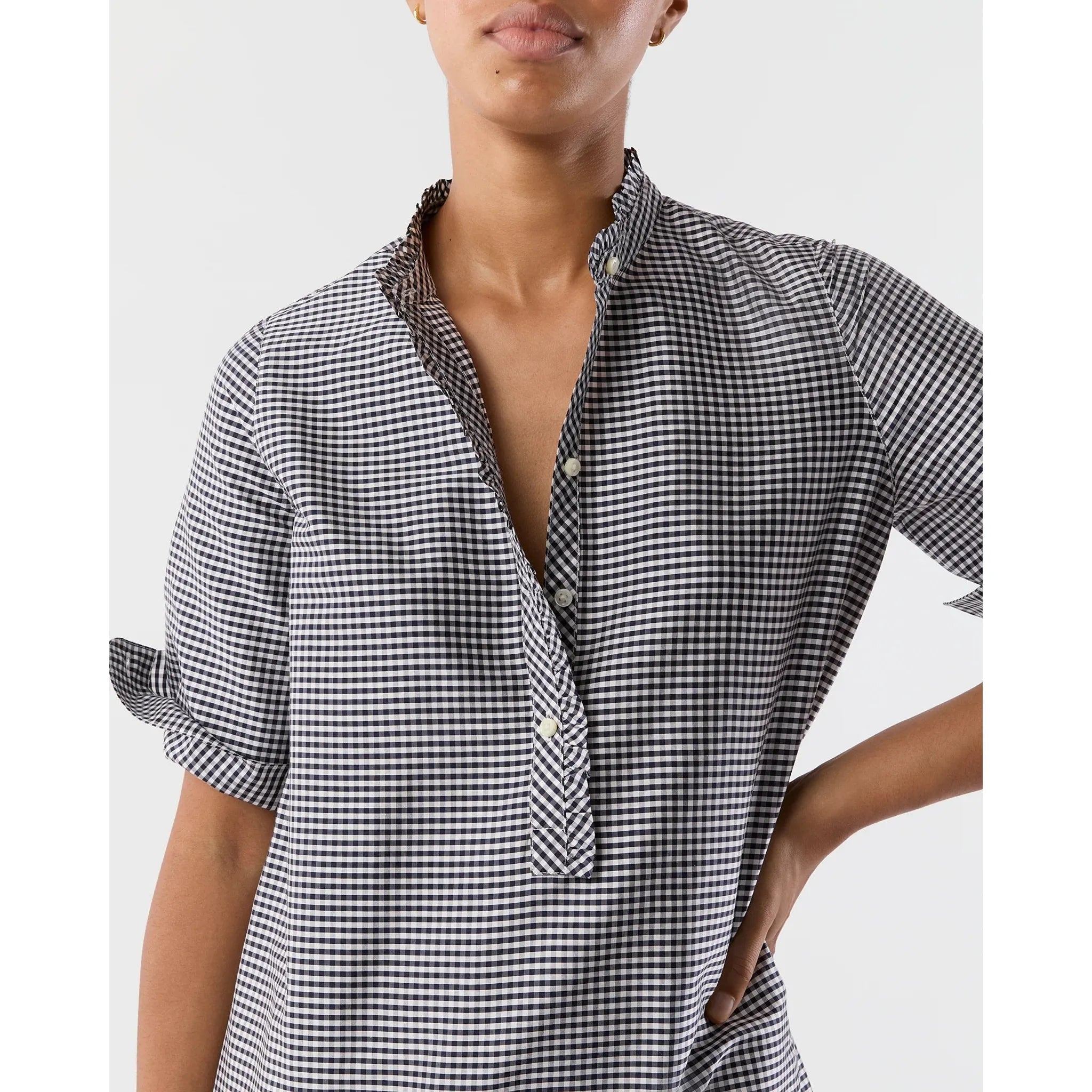 Elbow Sleeve Frill Dress Navy/Ivory Small Gingham Silk Shantung - Primm'sElbow Sleeve Frill Dress Navy/Ivory Small Gingham Silk ShantungMashburn