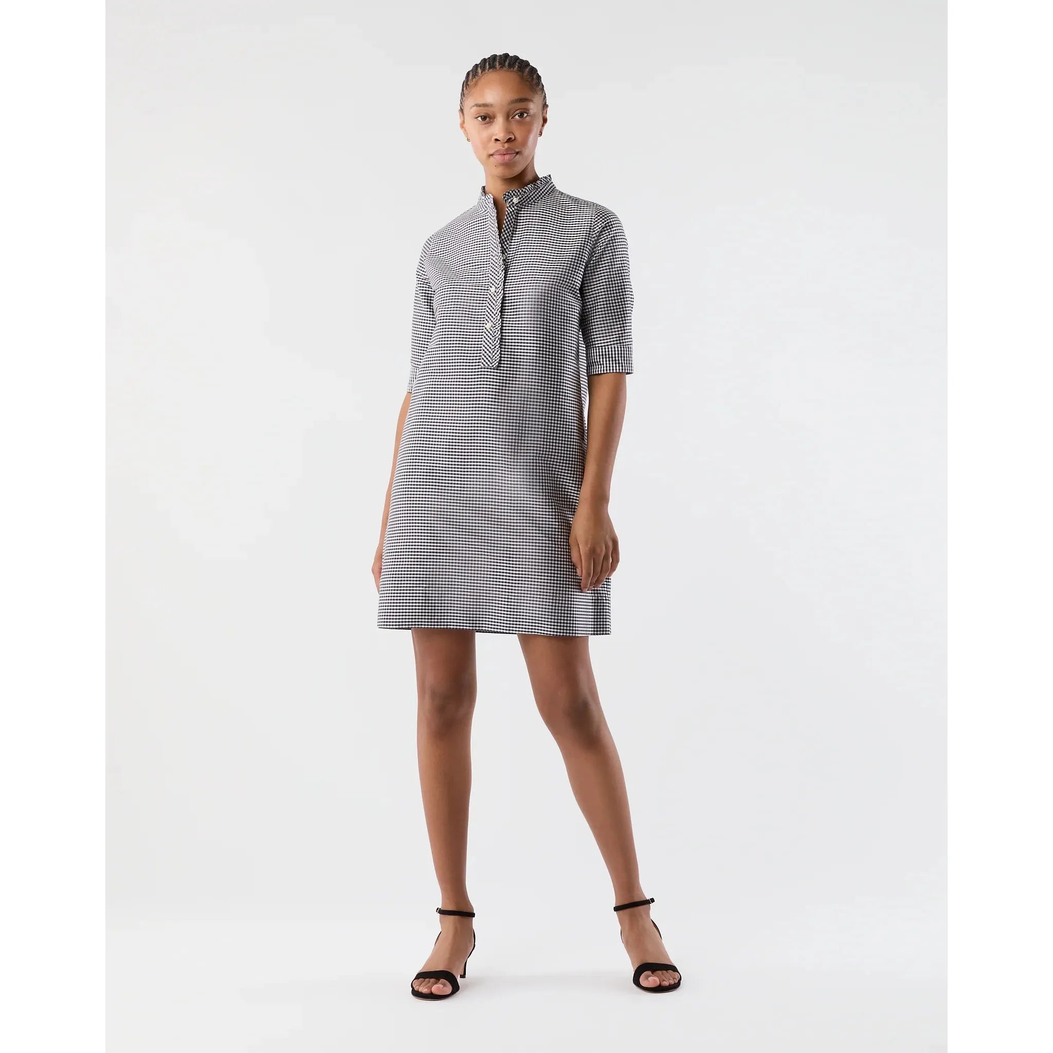 Elbow Sleeve Frill Dress Navy/Ivory Small Gingham Silk Shantung - Primm'sElbow Sleeve Frill Dress Navy/Ivory Small Gingham Silk ShantungMashburn