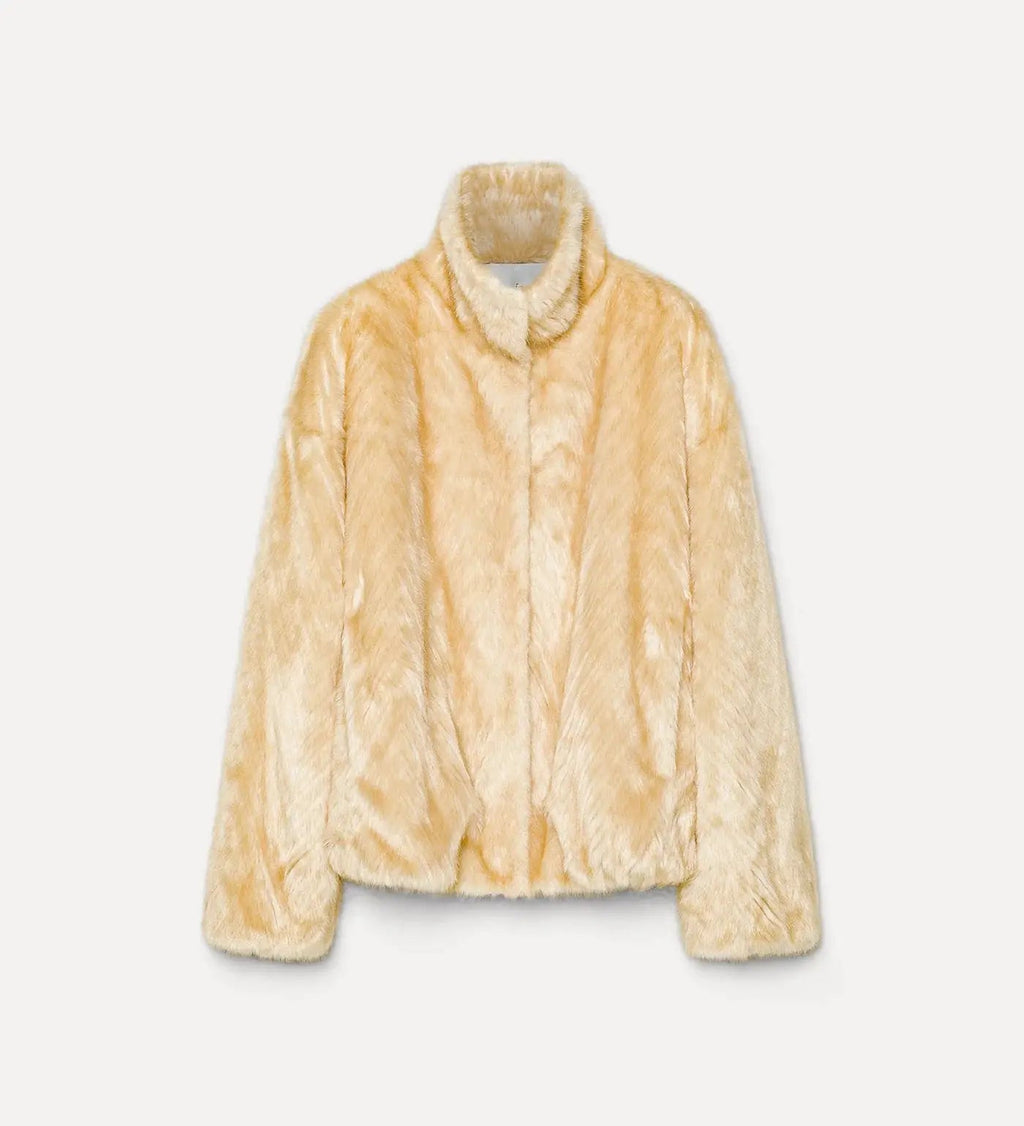 faux fur bomber jacket with a chevron pattern platino forte_forte