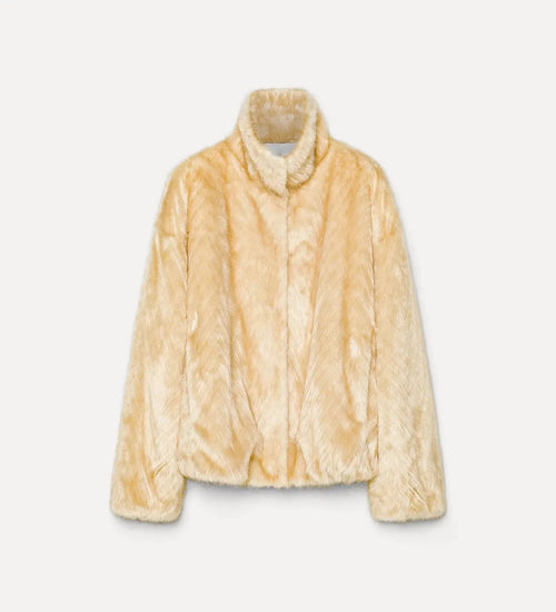 faux fur bomber jacket with a chevron pattern platino forte_forte