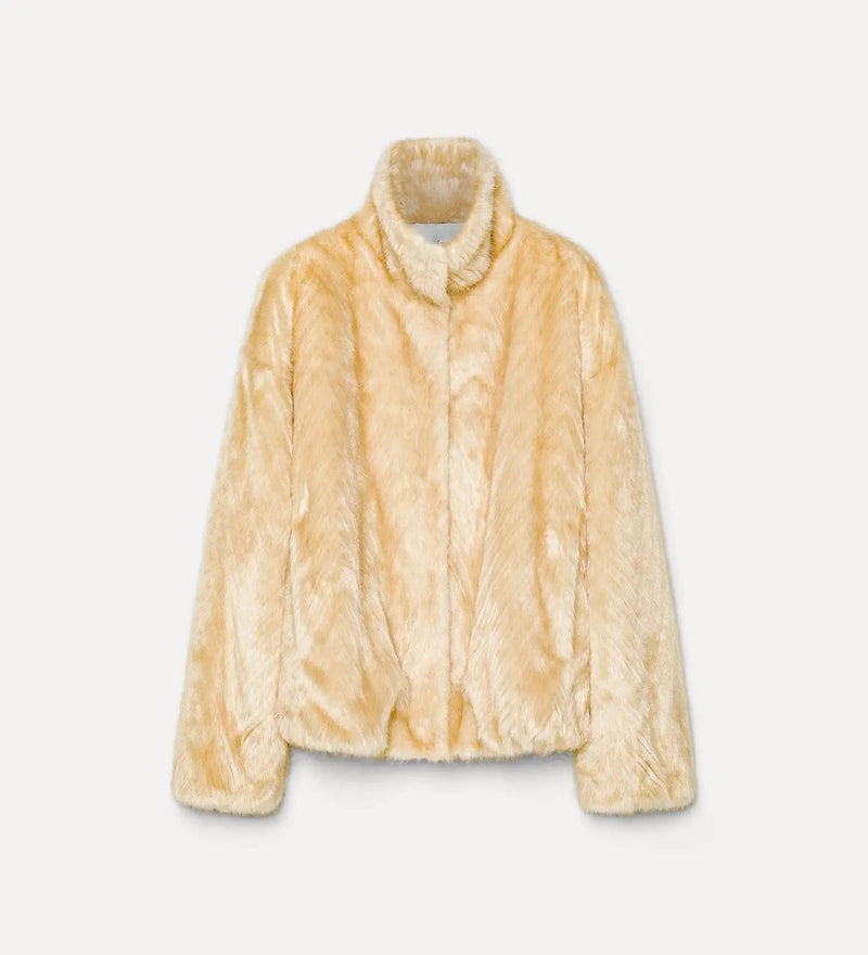 faux fur bomber jacket with a chevron pattern platino