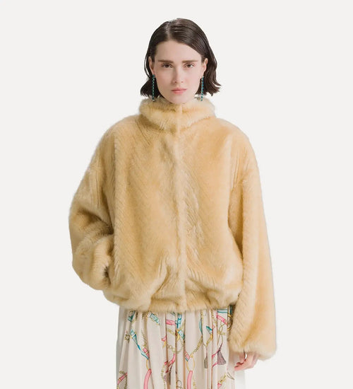 faux fur bomber jacket with a chevron pattern platino forte_forte