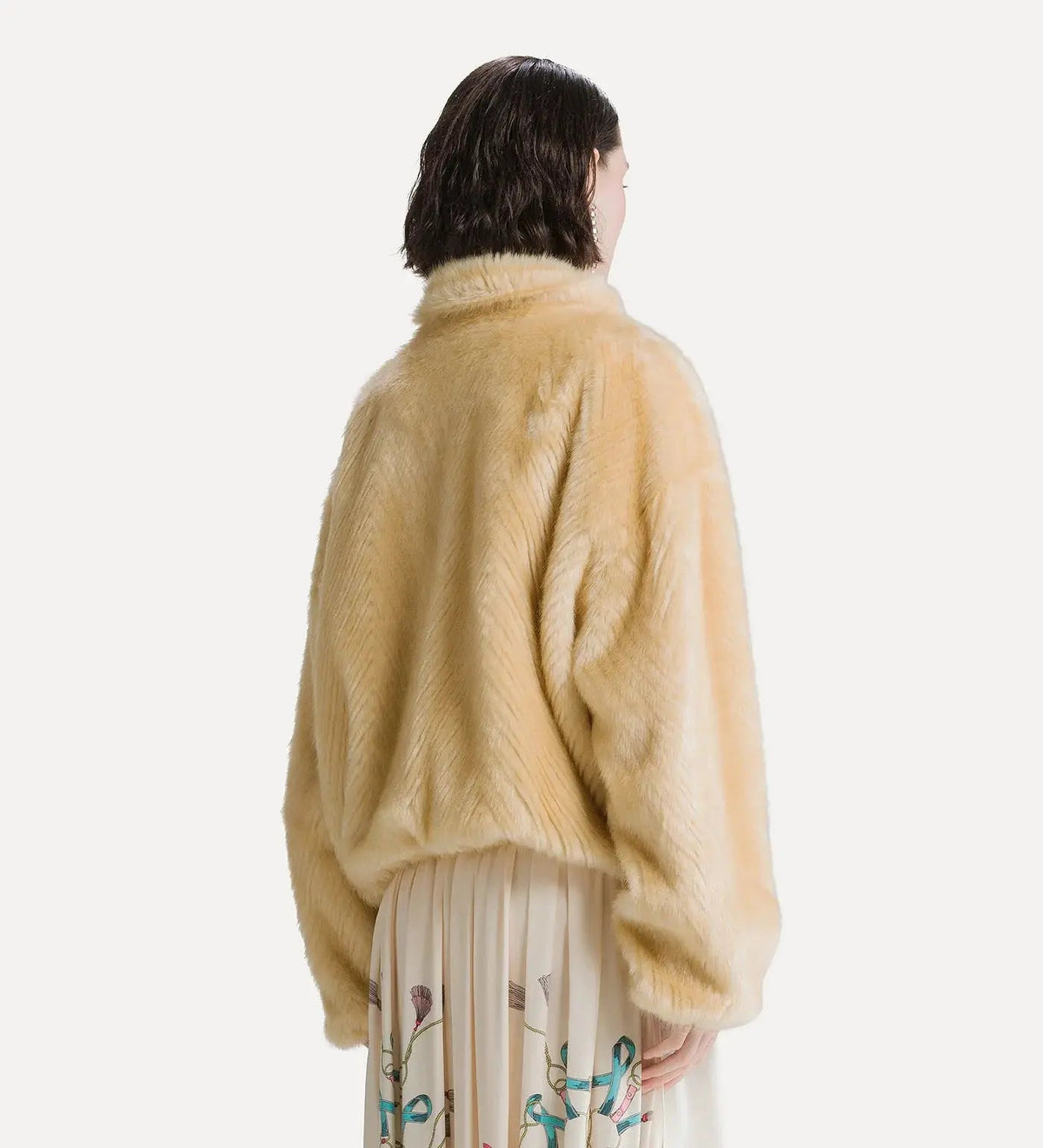faux fur bomber jacket with a chevron pattern platino forte_forte