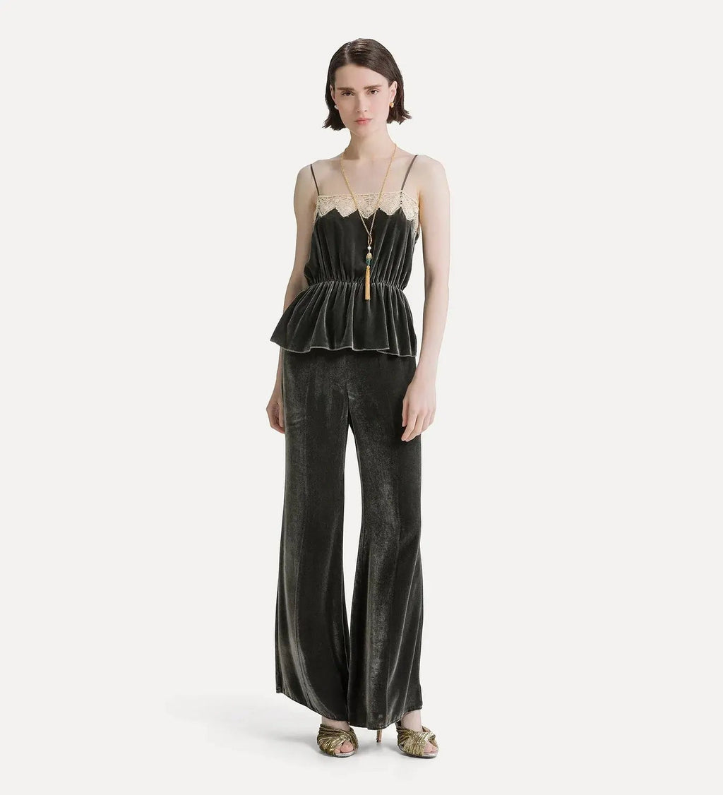 viscose/silk velvet flat front flared pants forte_forte