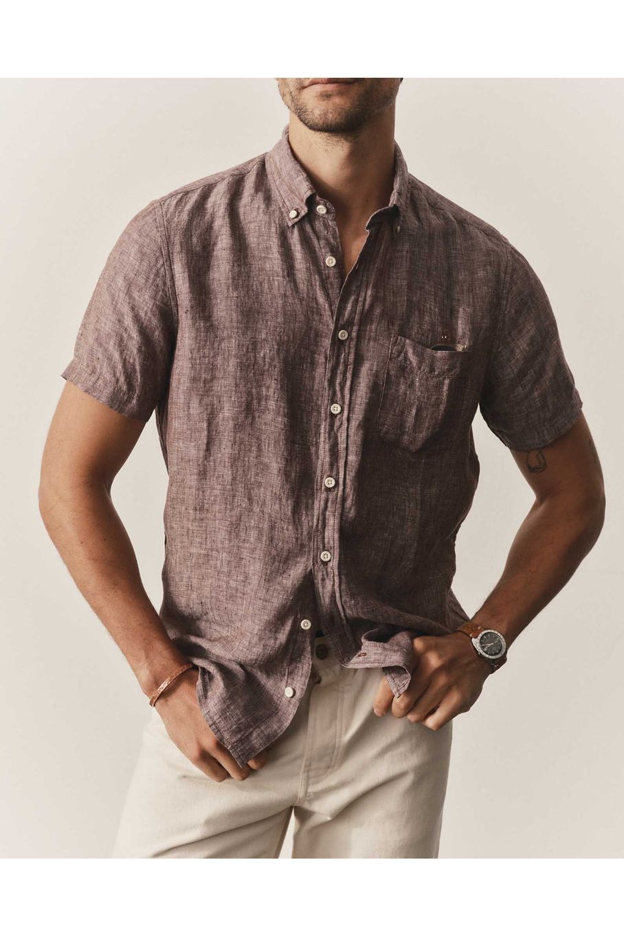 The Short Sleeve Jack in Burgundy Linen Taylor Stitch