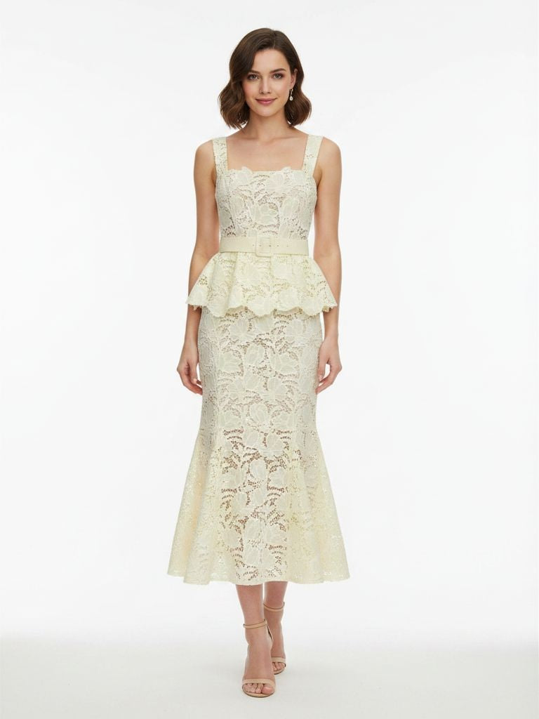 YELLOW LACE PEPLUM MIDI DRESS SELF-PORTRAIT