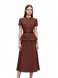 BROWN PEPLUM LINEN MIDI DRESS by SELF-PORTRAIT