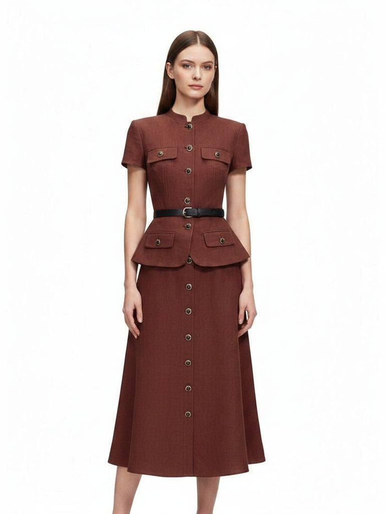 BROWN PEPLUM LINEN MIDI DRESS SELF-PORTRAIT