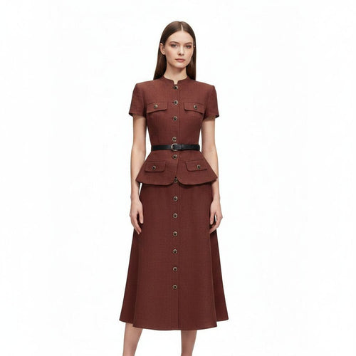 BROWN PEPLUM LINEN MIDI DRESS SELF-PORTRAIT