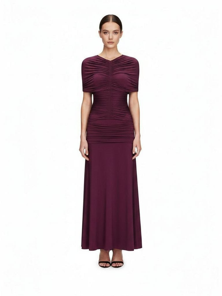 BURGUNDY JERSEY GATHERED MIDI DRESS SELF-PORTRAIT