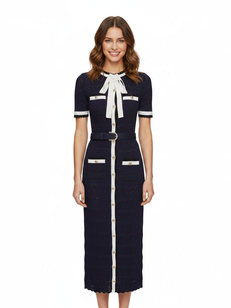 NAVY POINTELLE KNIT MIDI DRESS SELF-PORTRAIT