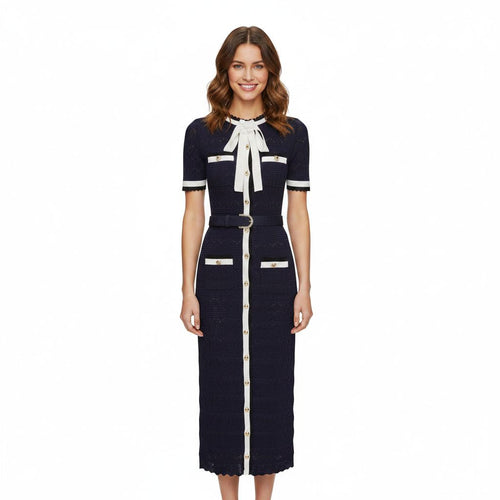 NAVY POINTELLE KNIT MIDI DRESS SELF-PORTRAIT