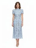 BLUE LACE TIE NECK MIDI DRESS by SELF-PORTRAIT