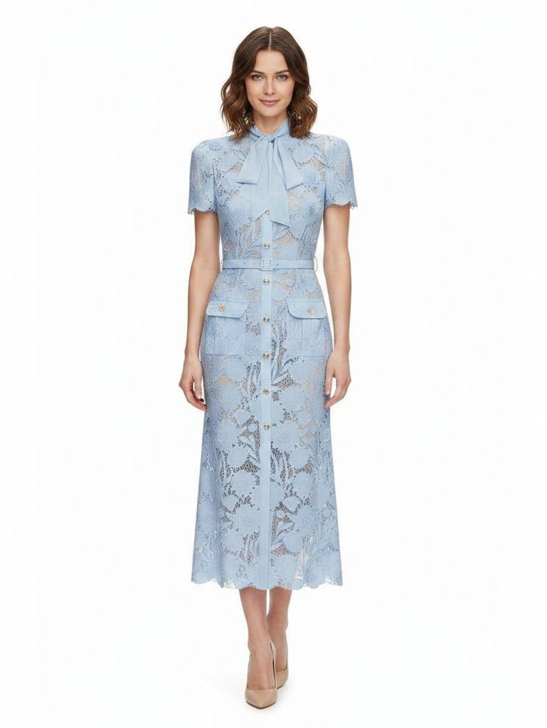 BLUE LACE TIE NECK MIDI DRESS SELF-PORTRAIT