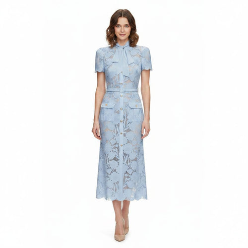 BLUE LACE TIE NECK MIDI DRESS SELF-PORTRAIT