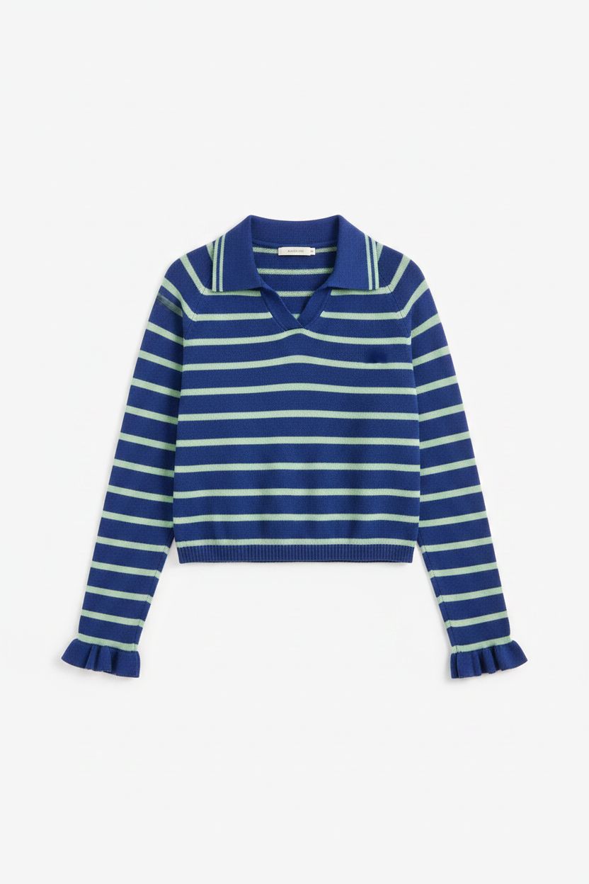 Silvia Cotton Merino Blend Polo Jumper - Blue/Mint Damson Madder