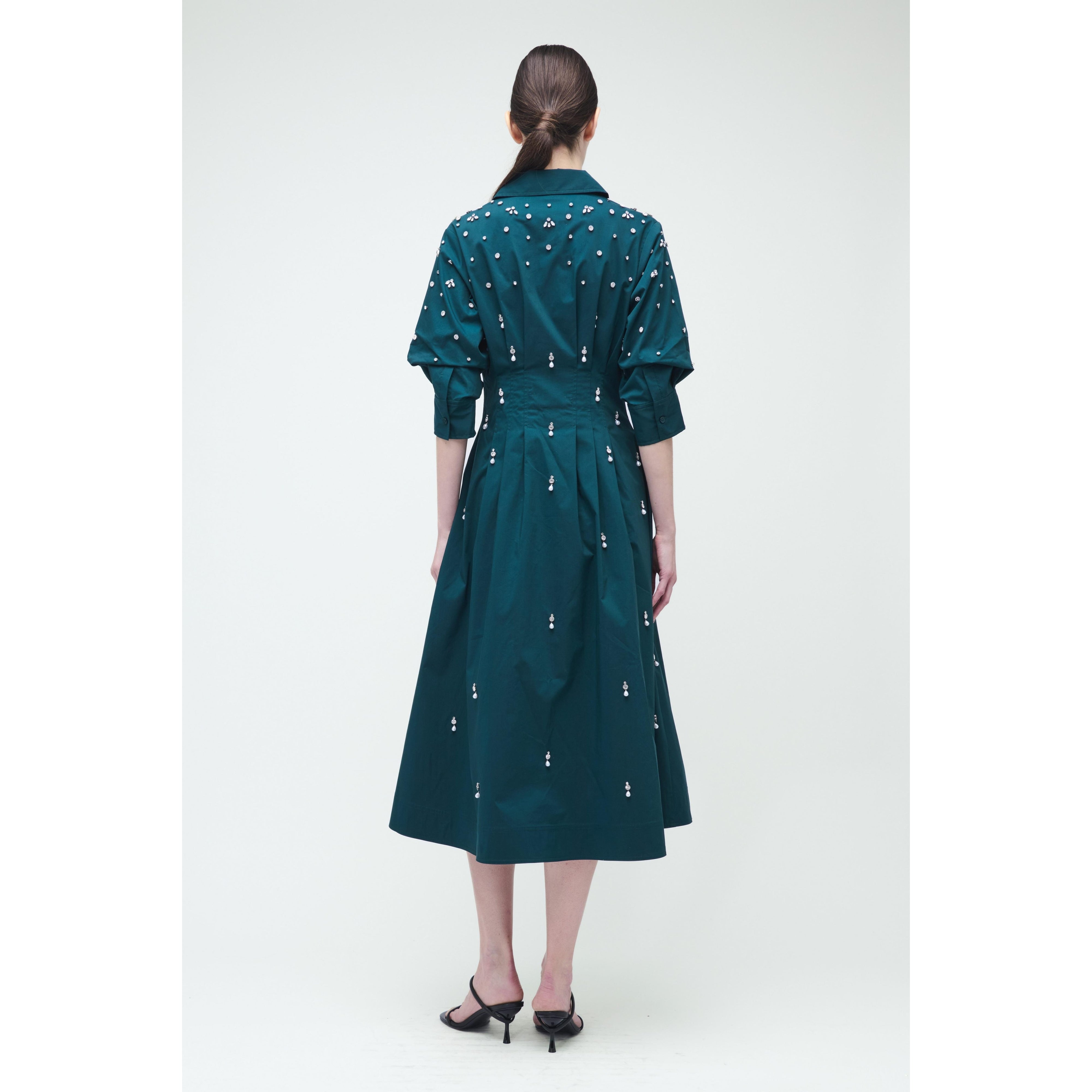 Jazz Embellised Pintuck Midi Dress Emerald Simkhai