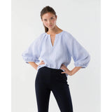 Victoria Blouse Sky/White Small Bengal Stripe Linen - Primm'sVictoria Blouse Sky/White Small Bengal Stripe LinenMashburn