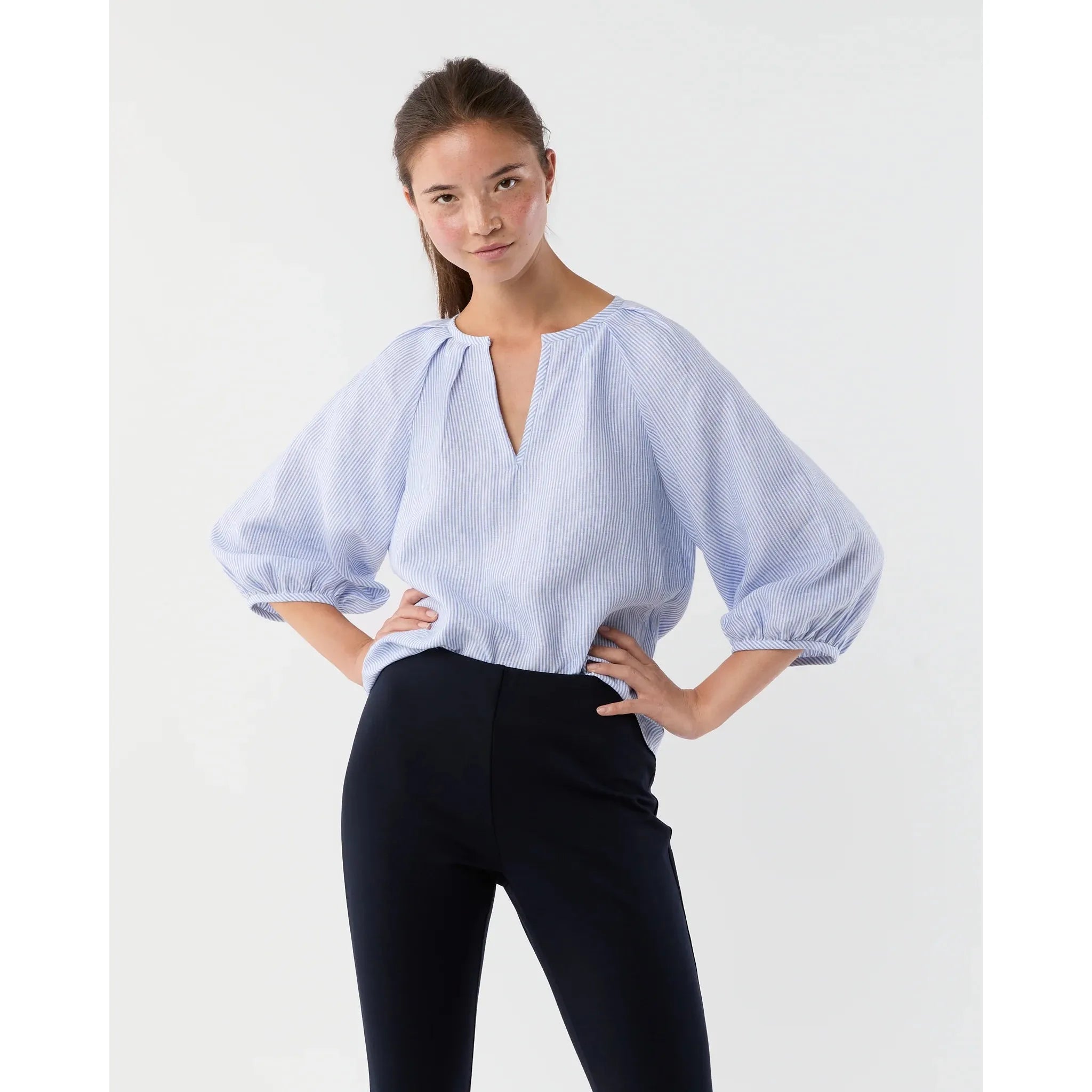 Victoria Blouse Sky/White Small Bengal Stripe Linen - Primm'sVictoria Blouse Sky/White Small Bengal Stripe LinenMashburn